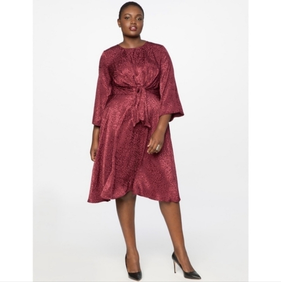 NWT Eloquii Leopard Print Satin Tie Front Burgundy Dress Size 18 - Picture 1 of 12